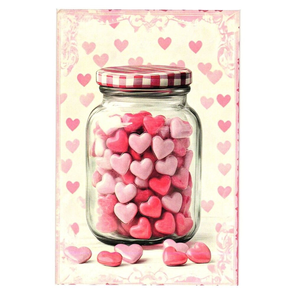 Glass Jar Pink Heart Candy Art Postcard Valentines Day Holiday Love Gift